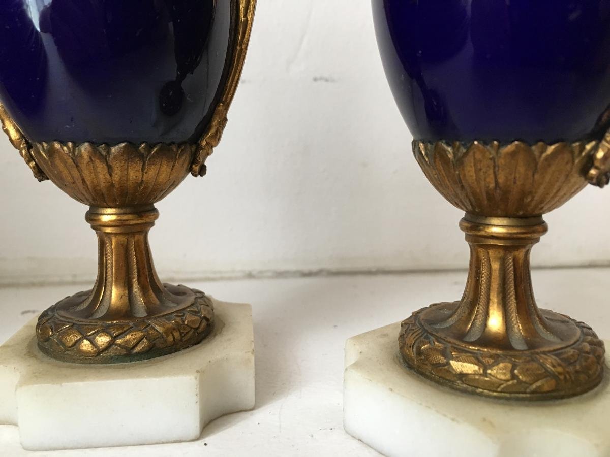 Pair Of Sèvres Porcelain Miniature Vases With Bronze Decorations. French, 19th Century. Height: 15 Cm, Width: 7 Cm