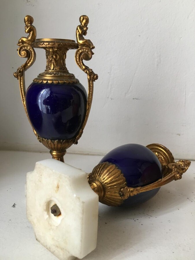 Pair Of Sèvres Porcelain Miniature Vases With Bronze Decorations. French, 19th Century. Height: 15 Cm, Width: 7 Cm