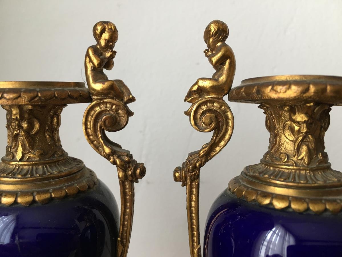 Pair Of Sèvres Porcelain Miniature Vases With Bronze Decorations. French, 19th Century. Height: 15 Cm, Width: 7 Cm