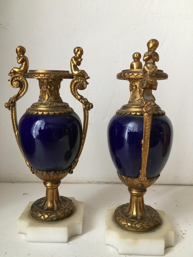 Pair Of Sèvres Porcelain Miniature Vases With Bronze Decorations. French, 19th Century. Height: 15 Cm, Width: 7 Cm