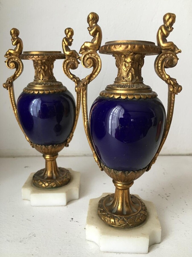 Pair Of Sèvres Porcelain Miniature Vases With Bronze Decorations. French, 19th Century. Height: 15 Cm, Width: 7 Cm