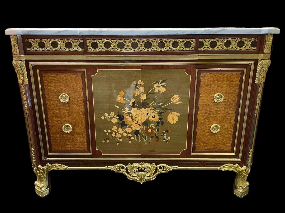 Quality Chest Of Drawers Model By Jean Henri Riesener Paris, 20th Century. Chest Of Drawers With 3 Drawers, 2 Doors, Oak Veneered With Amaranth, Sycamore, Maple Burr, Satinwood, Holly, Hornbeam, Hawthorn, Maple, Barberry, Fereol Wood, Chased And Gilded