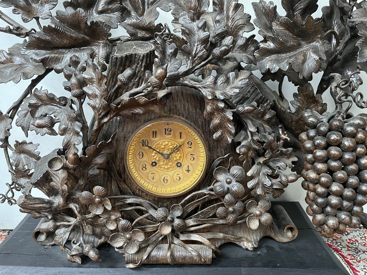 Rare, Large 19th Century Wrought Iron Mantelpiece. Beautiful And Fine Ironwork Representing Grapes, Oak Nuts, Leaves Branches And A Whistling Bird. The Clock Is Signed On A Leaf By P.Vandeputte (Born In Ghent In 1860). He Received A Great Distinction