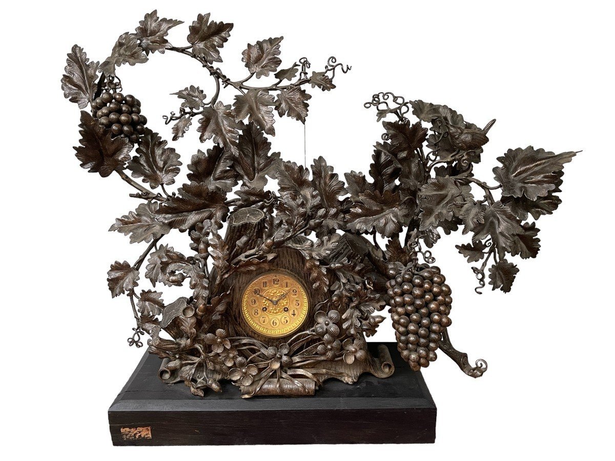 Rare, Large 19th Century Wrought Iron Mantelpiece. Beautiful And Fine Ironwork Representing Grapes, Oak Nuts, Leaves Branches And A Whistling Bird. The Clock Is Signed On A Leaf By P.Vandeputte (Born In Ghent In 1860). He Received A Great Distinction