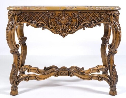 Richly carved wooden centre table with marble top Circa 1920 Attractive oak central table /console topped with Breche d'Alep marble Dimensions: Height: 80 cm. Width : 100 cm. Depth : 60 cm. In very good condition