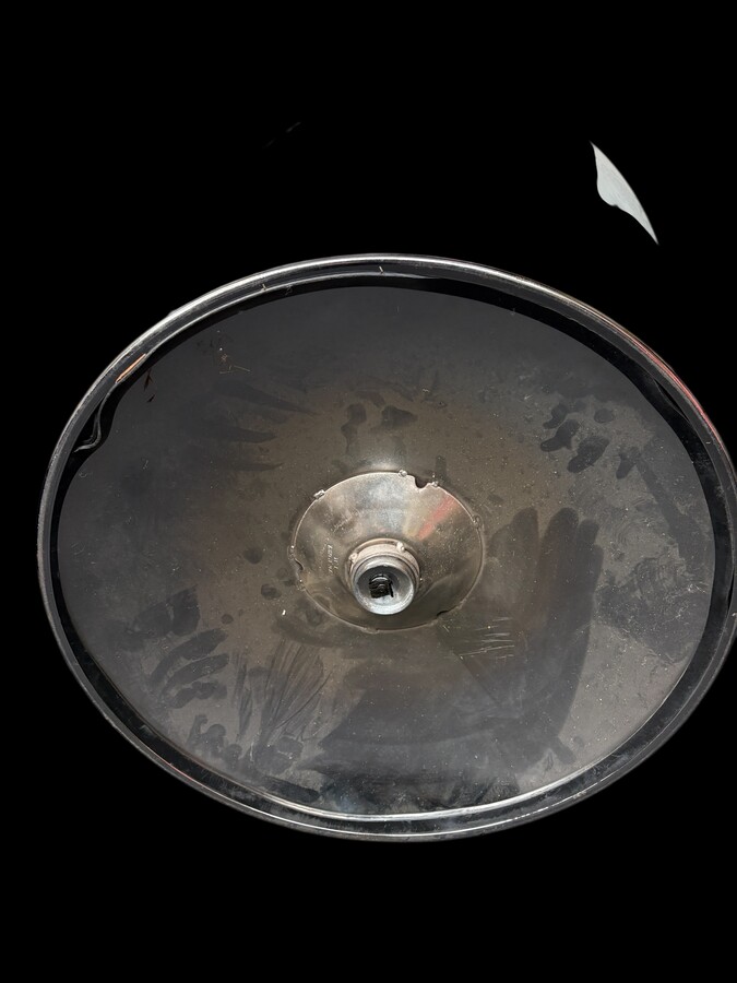 Set of 12 designer chairs in a half-egg shape with coloured polyester frame, chrome metal swivel base and white and black sky upholstery. Late 20th century reproductions based on a model from the 1960s-1970s. In good condition with signs of wear.