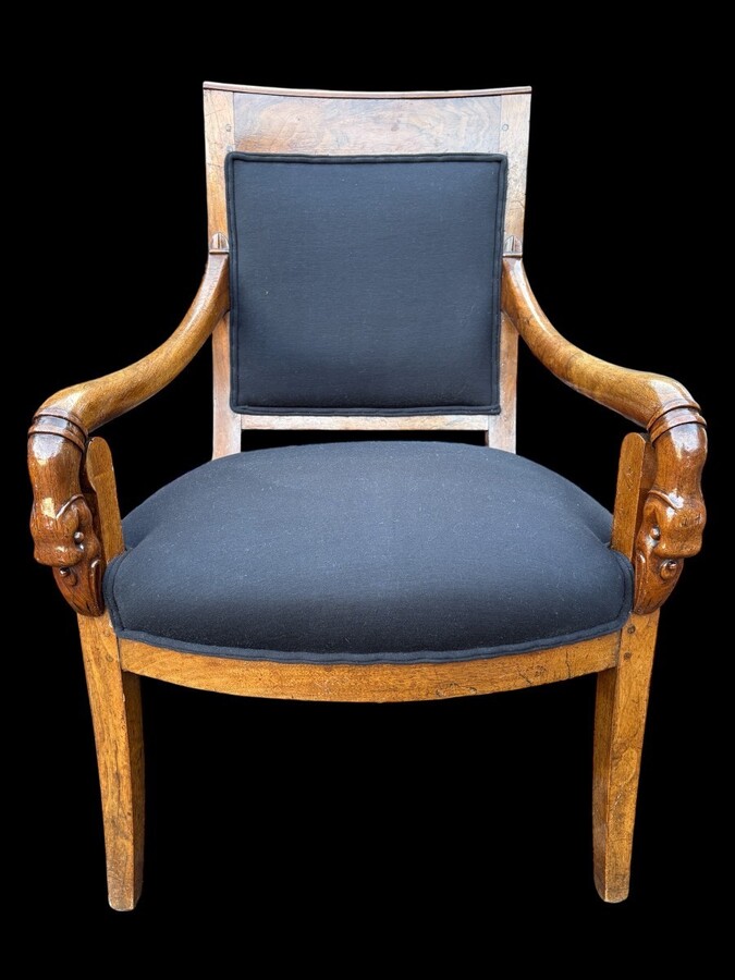 Set of 6 Charles X armchairs, 19th century Beautiful set of fruitwood armchairs decorated with swan-neck armrests. The armchairs have recently been reupholstered in black fabric and are therefore in very good condition.