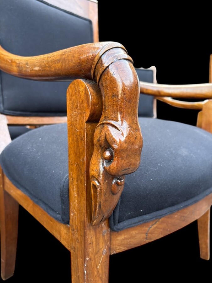 Set of 6 Charles X armchairs, 19th century Beautiful set of fruitwood armchairs decorated with swan-neck armrests. The armchairs have recently been reupholstered in black fabric and are therefore in very good condition.