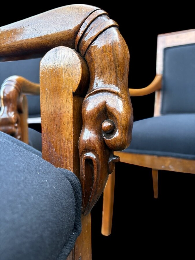Set of 6 Charles X armchairs, 19th century Beautiful set of fruitwood armchairs decorated with swan-neck armrests. The armchairs have recently been reupholstered in black fabric and are therefore in very good condition.
