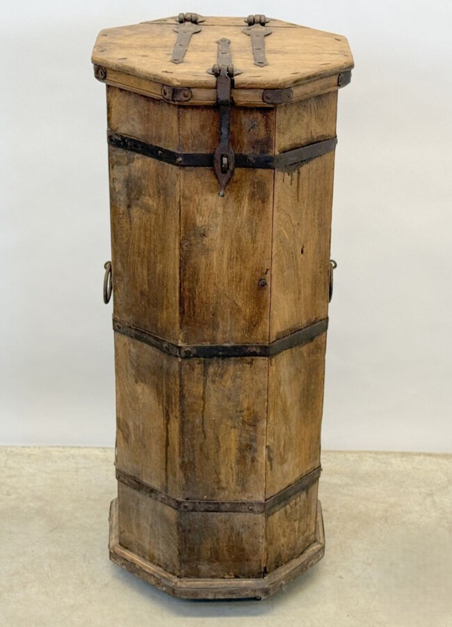 Small octagonal cabinet 19thC. with wrought iron handles. Decorative cabinet with large wrought iron hinges and secret compartment at the bottom Dimensions: Height: 91.5 cm Width: 38.5 cm Depth: 39 cm In very good condition , 19th century