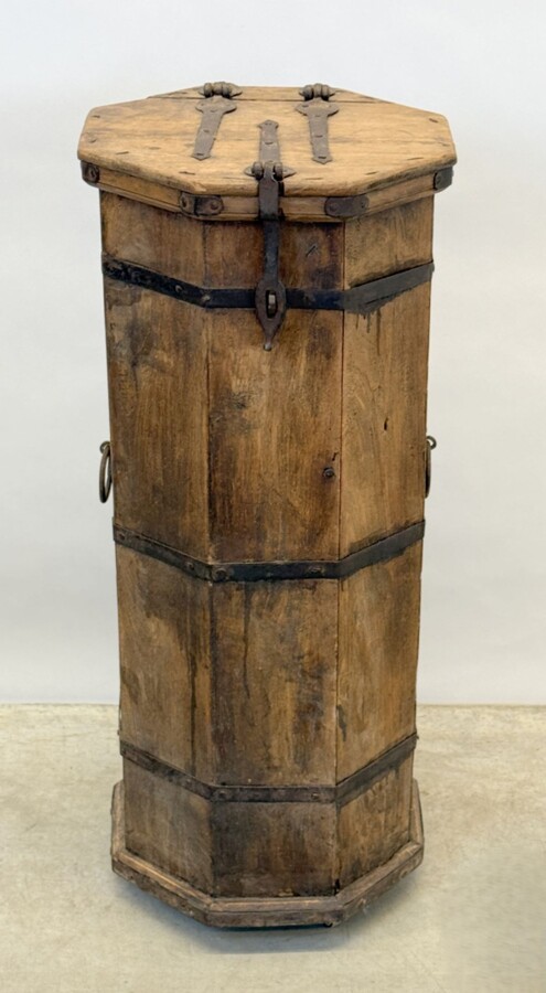 Small octagonal cabinet 19thC. with wrought iron handles. Decorative cabinet with large wrought iron hinges and secret compartment at the bottom Dimensions: Height: 91.5 cm Width: 38.5 cm Depth: 39 cm In very good condition , 19th century