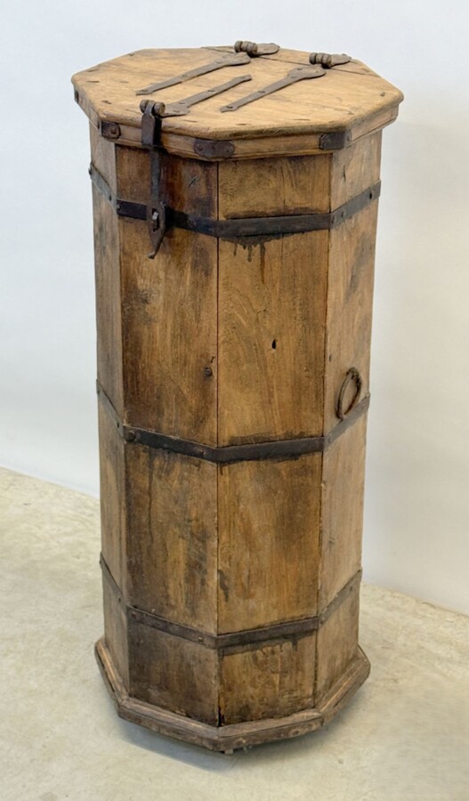 Small octagonal cabinet 19thC. with wrought iron handles. Decorative cabinet with large wrought iron hinges and secret compartment at the bottom Dimensions: Height: 91.5 cm Width: 38.5 cm Depth: 39 cm In very good condition , 19th century