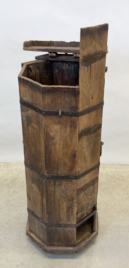 Small octagonal cabinet 19thC. with wrought iron handles. Decorative cabinet with large wrought iron hinges and secret compartment at the bottom Dimensions: Height: 91.5 cm Width: 38.5 cm Depth: 39 cm In very good condition , 19th century