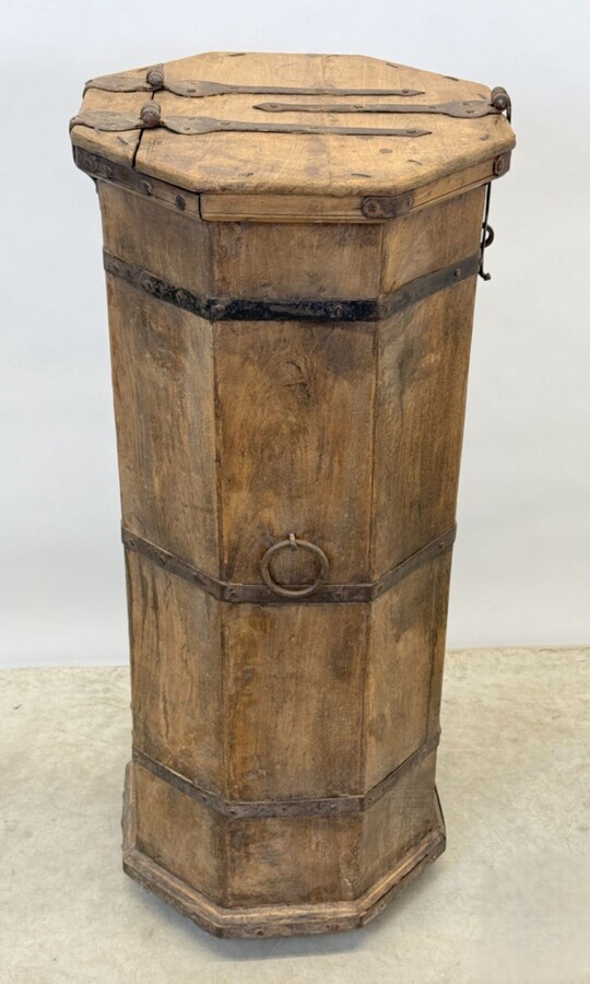 Small octagonal cabinet 19thC. with wrought iron handles. Decorative cabinet with large wrought iron hinges and secret compartment at the bottom Dimensions: Height: 91.5 cm Width: 38.5 cm Depth: 39 cm In very good condition , 19th century