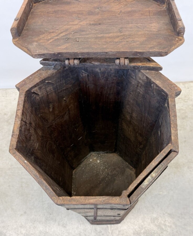 Small octagonal cabinet 19thC. with wrought iron handles. Decorative cabinet with large wrought iron hinges and secret compartment at the bottom Dimensions: Height: 91.5 cm Width: 38.5 cm Depth: 39 cm In very good condition , 19th century