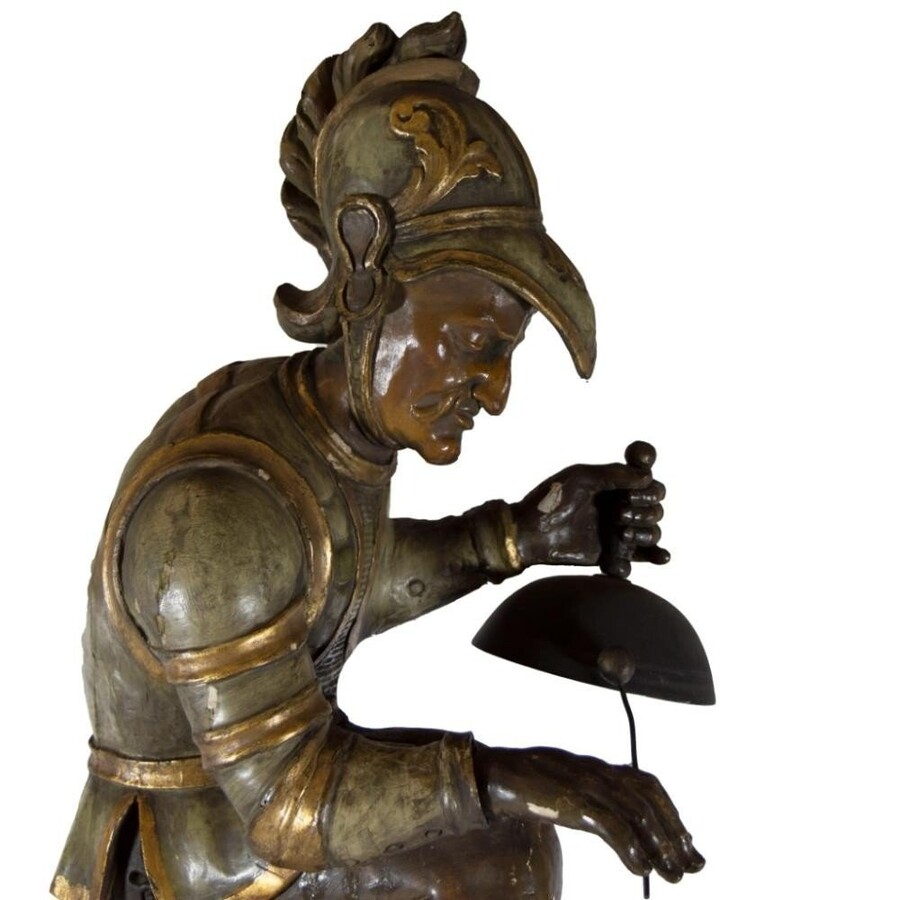 Special Standing Clock With Mechanism And Polychrome Wooden Warrior Statue From The Late 18th/Early 19th Century. The Warrior Strikes The Bell Every Half Hour And Every Hour. Very Special Decorative Clock In Good Working Condition