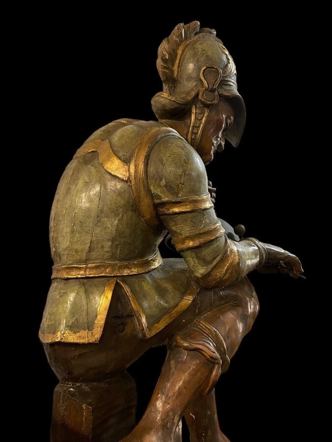 Special Standing Clock With Mechanism And Polychrome Wooden Warrior Statue From The Late 18th/Early 19th Century. The Warrior Strikes The Bell Every Half Hour And Every Hour. Very Special Decorative Clock In Good Working Condition