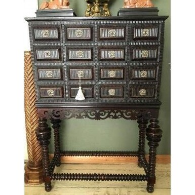 Speciale Portuguese cabinet ,18th Century.Walnut / ebony. Furniture consists of 2 parts with 10 drawers. Width: 1.16 Height: 1.57 Depth: 0.54