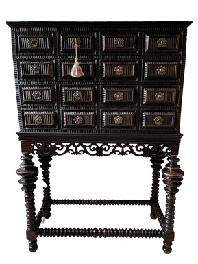 Speciale Portuguese cabinet ,18th Century.Walnut / ebony. Furniture consists of 2 parts with 10 drawers. Width: 1.16 Height: 1.57 Depth: 0.54