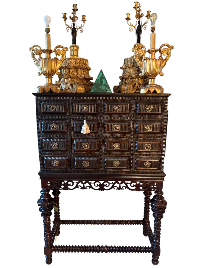 Speciale Portuguese cabinet ,18th Century.Walnut / ebony. Furniture consists of 2 parts with 10 drawers. Width: 1.16 Height: 1.57 Depth: 0.54