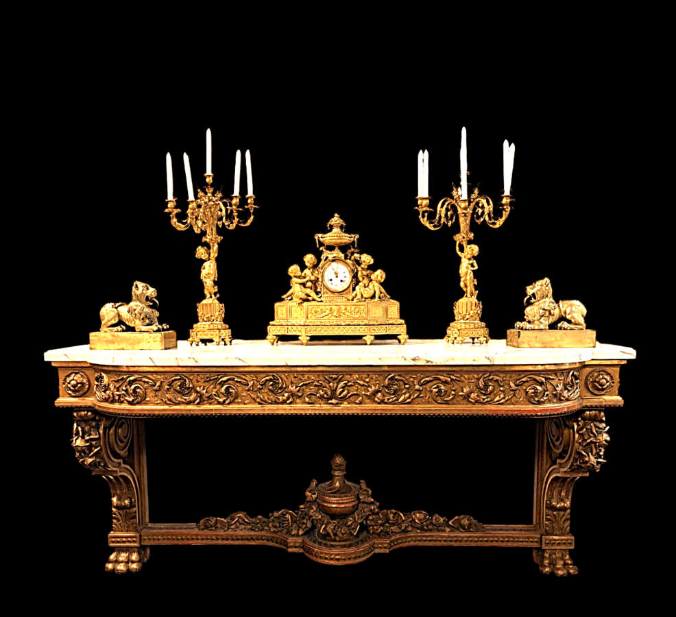 Very large Louis XVI style console table (230 cm) in gilded wood from the 19th century. High-quality console table entirely carved in wood, decorated with gilded motifs, floral scrolls, a large decorative vase in its lower section.