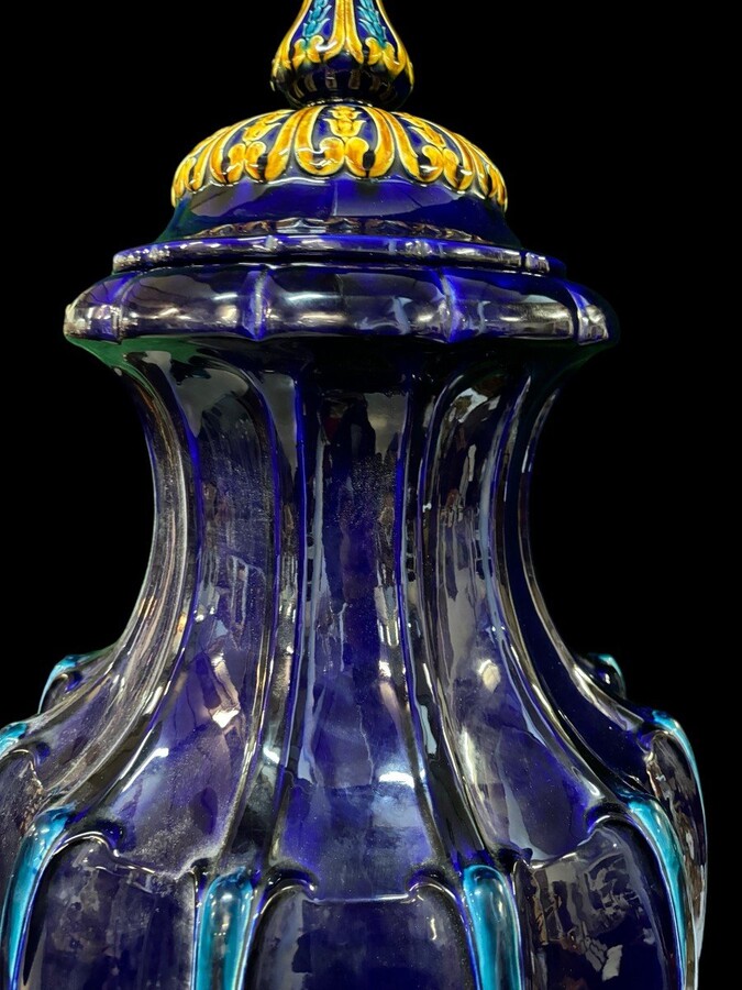 Very large Louis XVI style faience castle vase ( 120 cm ) Decorative lidded vase in coloured Faience marked at the bottom 
