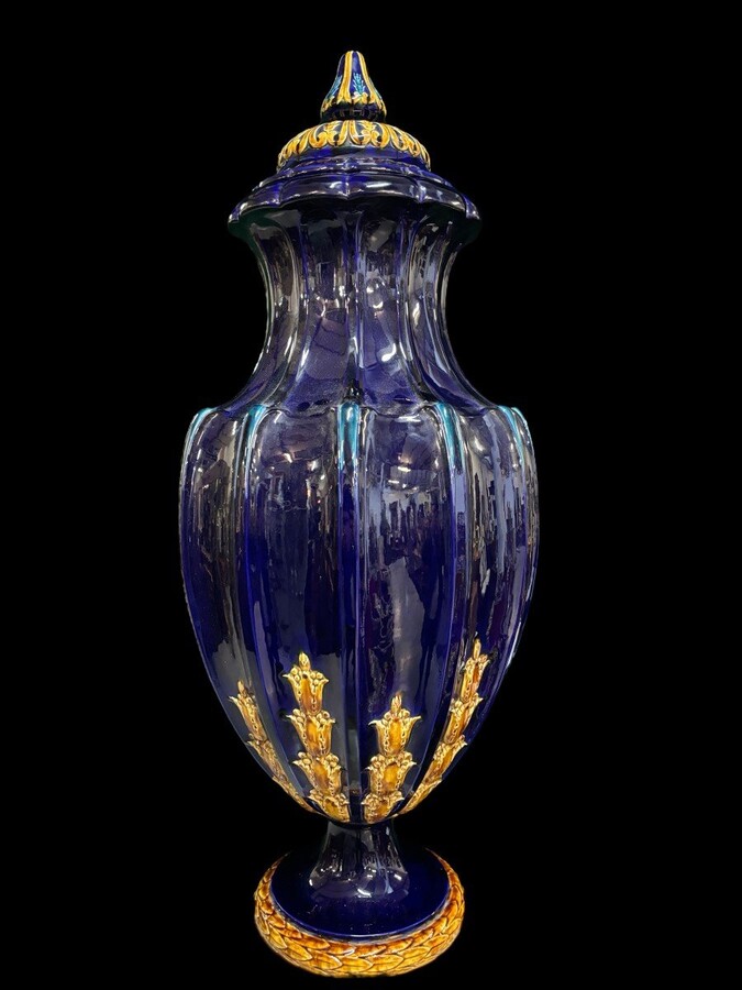 Very large Louis XVI style faience castle vase ( 120 cm ) Decorative lidded vase in coloured Faience marked at the bottom 
